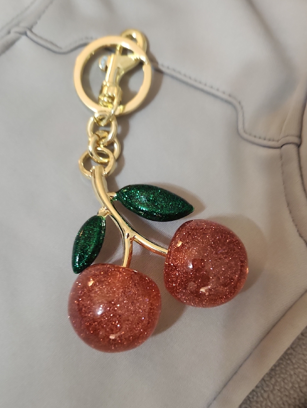 Glitter Cherry Keychain - Pink Cherries with Green Leaves
